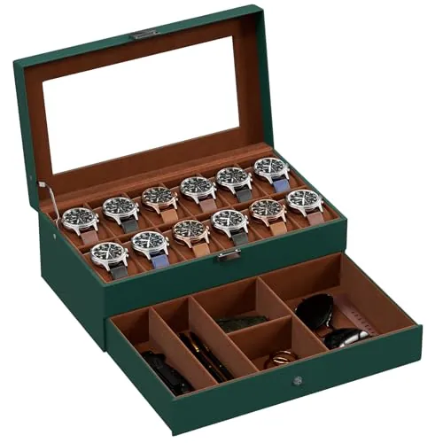 ProCase Caja de Relojes 12 Ranuras con Cajón -Verde | Organizadora de Reloj de 2 Capas, Estuche de Relojes con Tapa de Cristal, Idea de Regalo