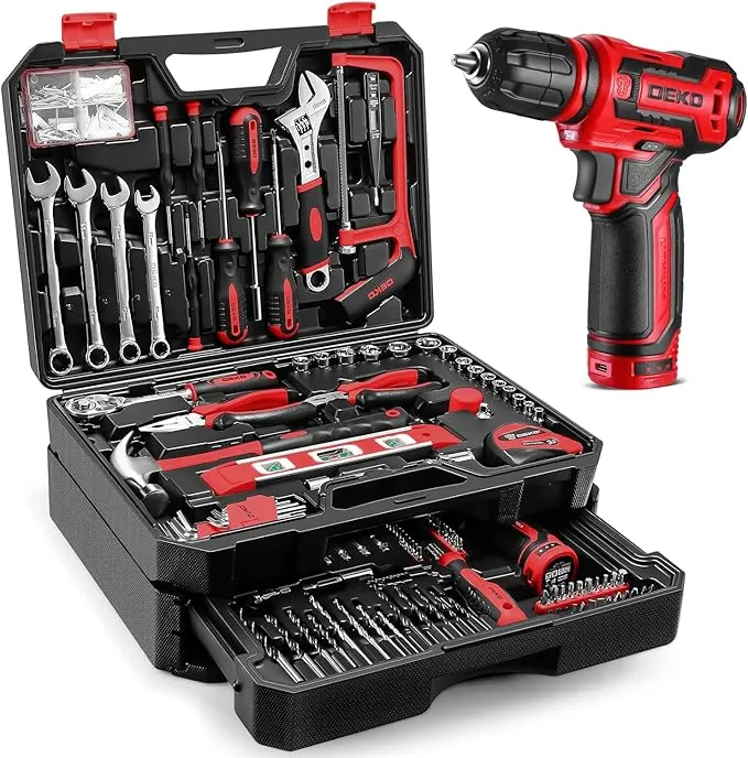 DEKO Caja Herramientas Completa Eléctricas 238 Piezas con 12V Taladro Eléctrico sin Cuerda, 10 mm Chuck sin Llave, Caja profesional de herramientas Domésticas de Bricolaje para Oficinas y Jardín, Rojo