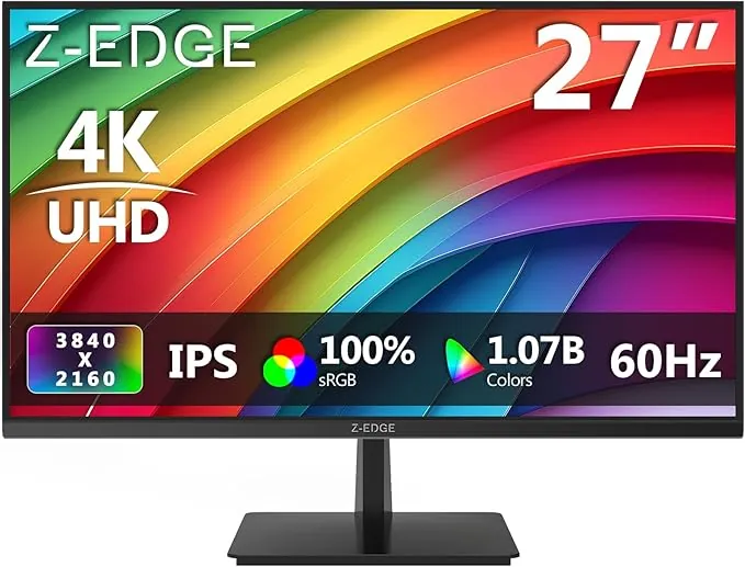 Z-Edge Monitor 4K UHD 27 Pulgadas, Pantalla IPS 3840x2160 60Hz, 300 CD/m² HDR10 FreeSync, 2xDP 2xHDMI, Compatible con VESA, Negro