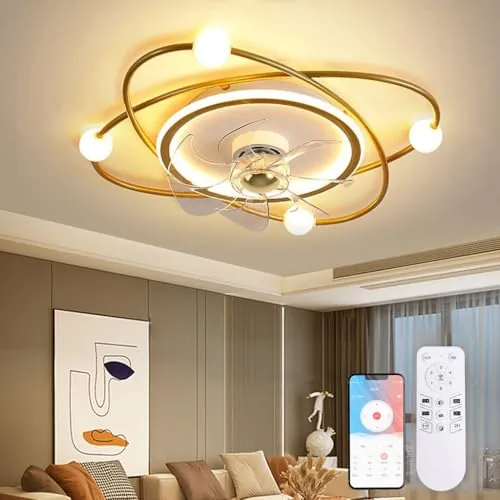 Ventiladores de techo Modernos, 55 cm Ventilador de Techo con luz, 48W Ventiladores de Techo con Luz y Mando, Estar Dormitorio Comedor Lampara Ventilador techo(Oro)