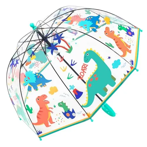 Chesoon Paraguas Transparente para Niños con Suave Mango Curvado Cúpula de Burbujas a prueba de viento y simpáticas figuras de dinosaurios