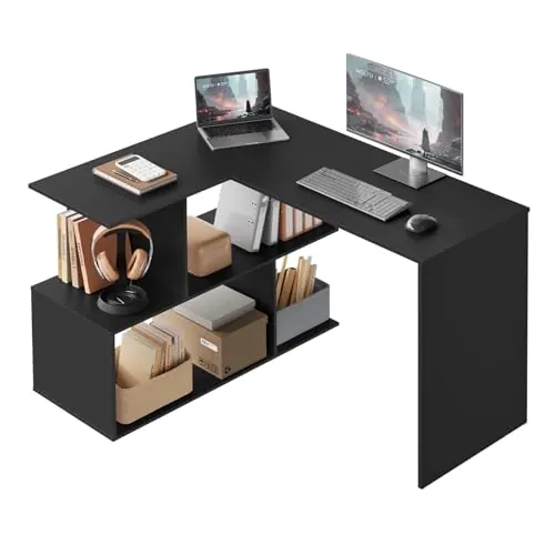 WOLTU Escritorio en Forma L, Mesa Esquinera Escritorio, Negro | Con Estantes Abiertos, 120x100x75 cm, para Estudio, Oficina en Casa, Gaming y Trabajo