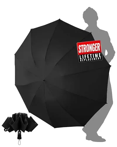 Chakipee Paraguas Plegable Antiviento Hombres - Automático Portátil Compacto de Viaje, Paraguas Invertido Negro Resistente Viento, Tejido 210T Abarca 105cm Grande de 10 Varillas