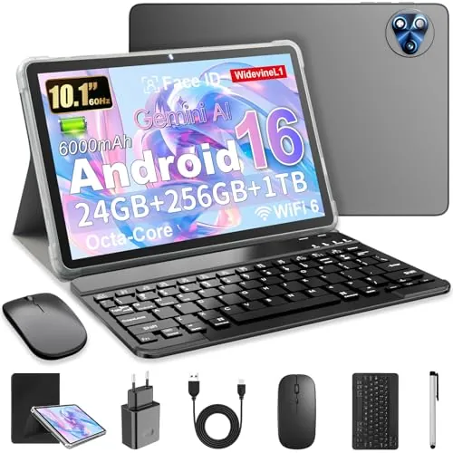 Android 16 Tablet 10 Pulgadas en Gemini AI, Tableta en Teclado, Ratón & Lápiz, Octa-Core, 24 GB RAM + 256 GB ROM + 1 TB TF, 1920x1200 Pantalla HD, Cámara Doble 8MP + 13MP, 6000 mAh (Funda Negra)