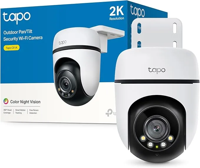 Tapo C51A - Cámara de vigilancia Wi-Fi para Exteriores 360°, visión Nocturna a Todo Color 2k (3 MP), detección Personas con IA Seguimiento Movimiento Inteligente IP65