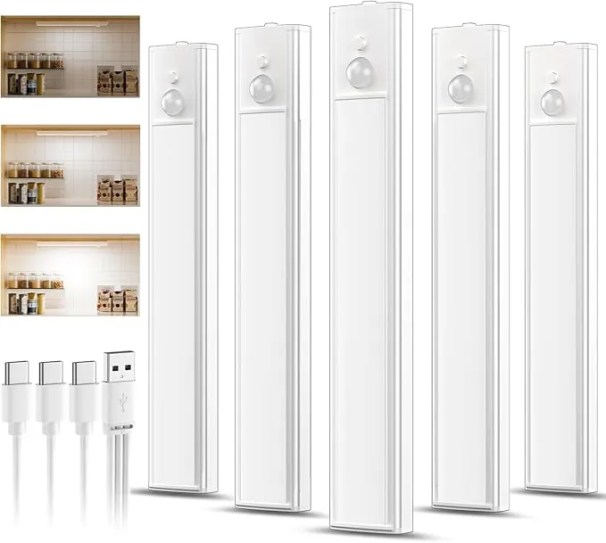 5 Pack 20CM Luces led Cocina Recargables, Luz Armario Sensor Movimiento Atenuable tipo C carga,Blanco frío Luz Sensor Movimiento Interior, Lampara Led para estantería, armario de escaleras