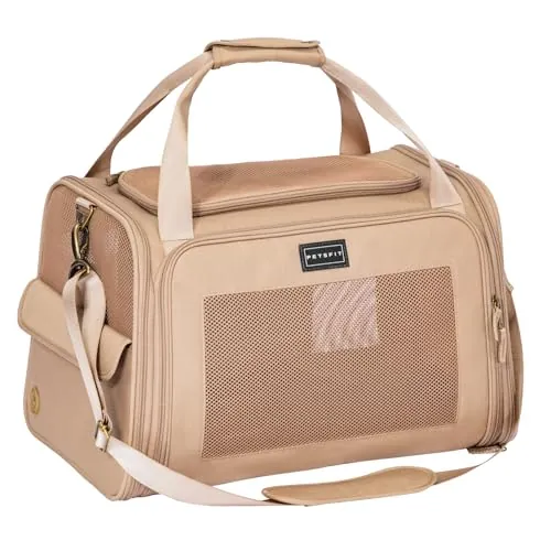 Petsfit Transportín Perro Gato Plegable Transportin Gato Bolso Perro Pequeño Transpirable con Tirantes Ajustables y Acolchado Suave Coche y Tren, M/Caqui