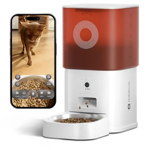 Comedero automático para Gatos con cámara: dispensador de Comida para Gatos con Comida Grande de 6 L para Gatos y Perros pequeños (Blanco y Rojo)