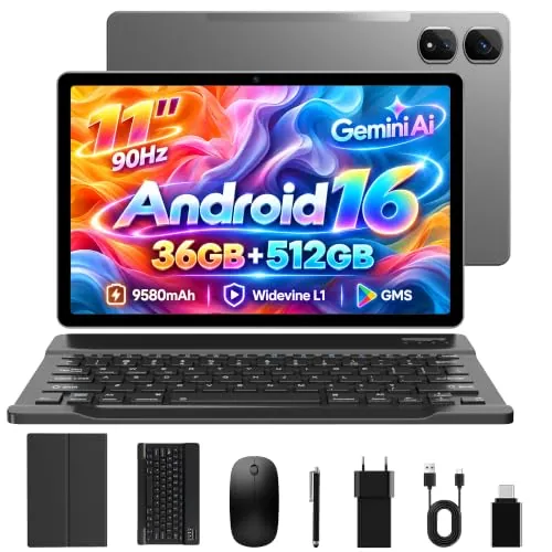 FLYCOAY Android 16 Tablet 11 Pulgadas 36GB+512GB,Octa-Core 2.0GHz Tableta, 9580mAh Widevine L1/4G LTE/5G/2.4GWiFi/13MP+8MP/9580mAh/GPS/BT5.0/ Tablets con Teclado Ratón-Grigio