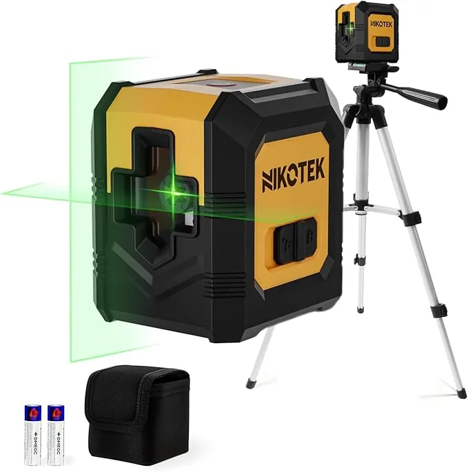 Nikotek Nivel Láser Autonivelante con Tripode haz Verde Láser de Líneas Cruzadas Horizontales y Verticales para Decoración del Hogar Bolsa de Transporte, 2xBatería Incluida