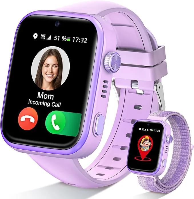 2026 Nuevo Reloj Inteligente Niño, Smartwatch Niños con Llamadas y GPS, Videollamadas/Chat de Voz/Whatsapp/WiFi/SMS/SOS/Modo Escuela/Dormir/Despertador, Reloj Niño y Niñas Púrpura 4-14 Año