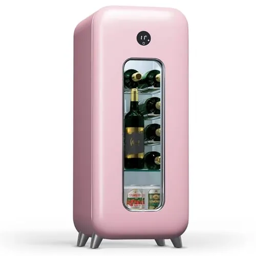 KLARSTEIN Nevera para vino independiente, 1 zona, Nevera para bebidas pequeña, vino pequeña, con puerta de cristal, botellas interior/exterior, 15 botellas