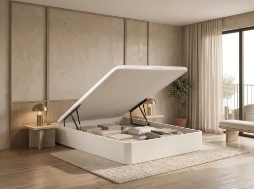 ROYAL SLEEP Canapé Abatible de Madera Dos Esquinas Redondas | 150x190 | Montaje y Retirada de Usado Incluido | Gran Capacidad | Tapa 3D Transpirable | 32 cm | Blanco | Space Bed