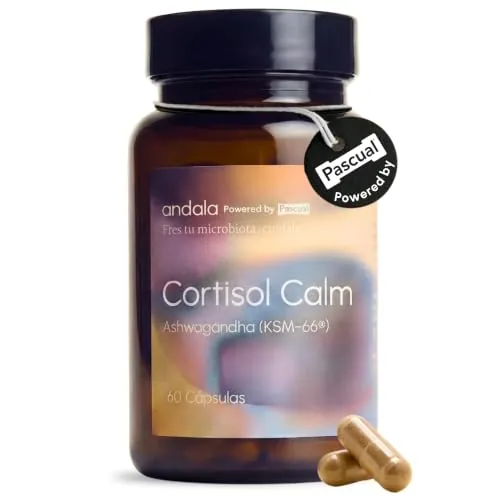 Andala by Pascual Cortisol Calm Ansiedad, Estres, Niebla Mental - Ashwagandha KSM-66 15:1, Magnesio Bisglicinato, Bacopa Monnieri, Reishi, Vitamina B6 B12 y Probioticos - Nootropico Relajante Natural