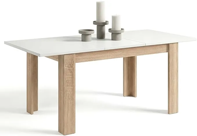 duehome | Mesa de Comedor Extensible, Mesa Rectangular, Modelo Sira, Acabado en Roble Canadian y Blanco Artik, Medidas: 140-190 cm (Largo) x 90 cm (Ancho) x 78 cm (Alto)