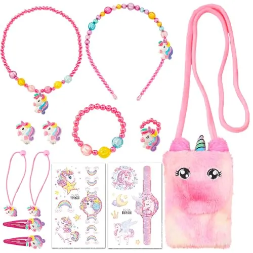 AUNGCSHE - Conjunto de joyas de unicornio, 13 unidades, diseño de unicornio, tatuaje, bolso, collar, pulsera, anillo y pendientes, regalo para niña 3, 4, 5, 6 7 8 9 10 años, konventionell, Resina de