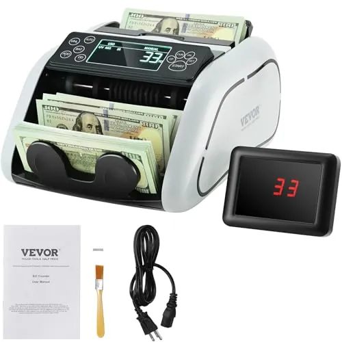 VEVOR Contador de Dinero Contador de Billetes con Detección de Falsificaciones UV, MG, IR y DD, Máquina Contadora de Efectivo en USD y EUR con LCD Grande y Pantalla Externa para Pequeñas Empresas