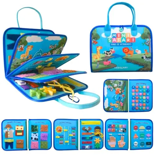 Vebolary Busy Board Montessori EN ESPAÑOL – 3, 4 y 5 Años, Juguete para Viajes Portátil Educativo Sensorial Motricidad Fina y Aprendizaje, Libro Montessori de Fieltro, Regalo Niña y Niño