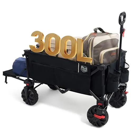 TIMBER RIDGE Carro de Playa Plegable XXXL con Portón Trasero 135 kg Carro Plegable Resistente con Ruedas Anchas Desmontables y asa Ajustable para Acampar al Aire Libre Jardín Compras Negro