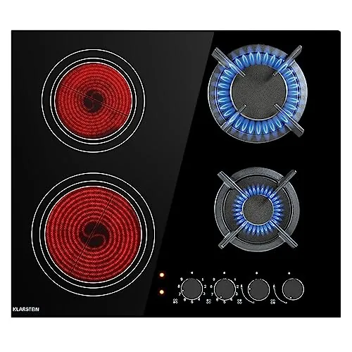 Klarstein Cocina de gas, 4 quemadores de 6,4 kW, cocina eléctrica integrada de cuatro anillos, cocina de caravana, quemador de wok superior de vidrio de acero inoxidable, estufa de cocina de 4 anillos