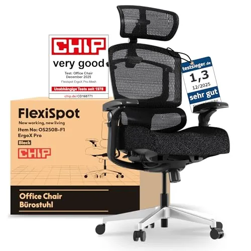 FLEXISPOT ErgoX Pro Silla de Oficina Ergonómica, Ajuste Altura 12 Niveles, Reposabrazos 7D, Soporte Lumbar 5D, Reposacabezas 4D, Carga 250 kg, Asiento Espuma Transpirable, Negro