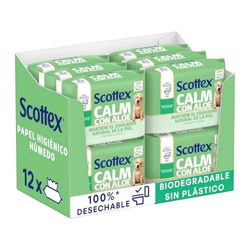 Scottex Papel Higiénico Húmedo con Aloe Vera y Prebióticos, Biodegradable y Sin Plástico, Caja 12 Packs de 66 Servicios, Total 792 Toallitas Húmedas Desechables por WC