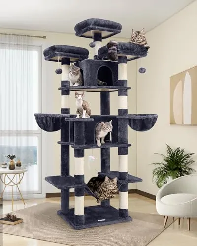 Globlazer Arbol Gato XXL para 3-5 Gatos, Arbol Gato Alto 204 cm con 3 Perchas Acolchadas, 2 Nidos, 2 Cesta, Hamaca, Árbol Rascador para Múltiple Gatos Descansar Jugar Interior (F80, Gris Oscuro)