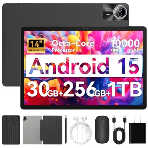 Tableta, tableta PC Android de 14 pulgadas, octa-core, 30GB+256GB+1TB ampliable, pantalla táctil IPS FHD de 1920 × 1200, batería de 10 000 mAh, cámara dual de 5 MP + 8 MP, WiFi 6 y Bluetooth 5.4