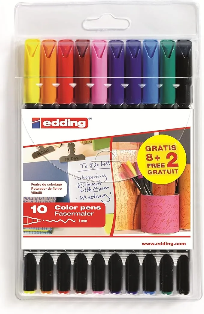 edding 1200 rotulador de color de trazo fino - multicolor - 8 bolígrafos + 2 de regalo - punta redonda de 1 mm - rotulador para dibujar y escribir - set para la vuelta al cole