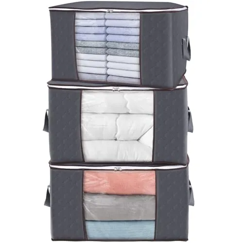 Lifewit Bolsa Almacenaje Ropa, Cajas Almacenaje Plegable, Organizador Armario, Cajas Mudanza, Bolsas con Asa Reforzada para Guardar Ropa, Mantas, Edredones, Gris, 95L, 3 Piezas