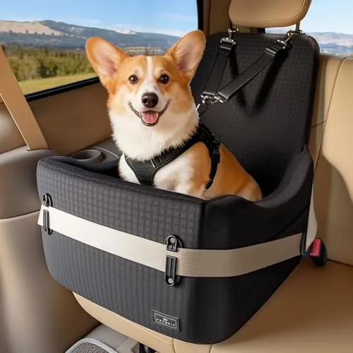 PETSFIT Asiento Elevado para Perros Pequeños/Medianos hasta 15 kg – Sistema de Seguridad Patentado, Cojín Viscoelástico de 13 cm, Desmontable y Lavable con 2 Bolsillos(Negro)
