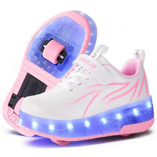 flintronic Zapatillas con Dos Ruedas para Niña, Zapatos con Dos Ruedas para Niñas, Luces LED Coloridos Parpadeante Zapatos de Skate para Niña, Carga con USB Calzado de Skateboarding, Rosa, EU33