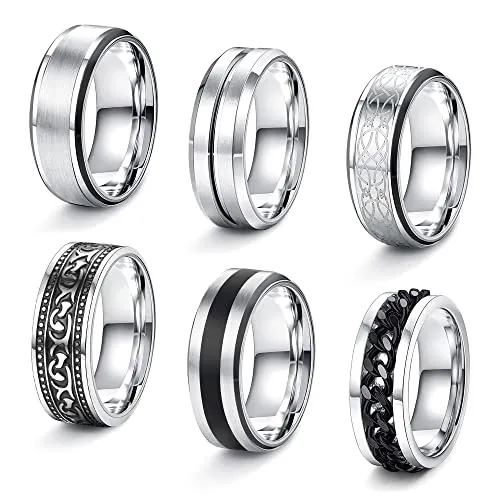 JeweBella 6 Piezas Anillos Hombre Acero Inoxidable Plata Pulida Anillos Cadena Negro Vintage Anillo Nudo Celt Juego de Anillos Vikingo Vintage Anillo Gótico Punk para Hombre Mujer Tamaño 14-30