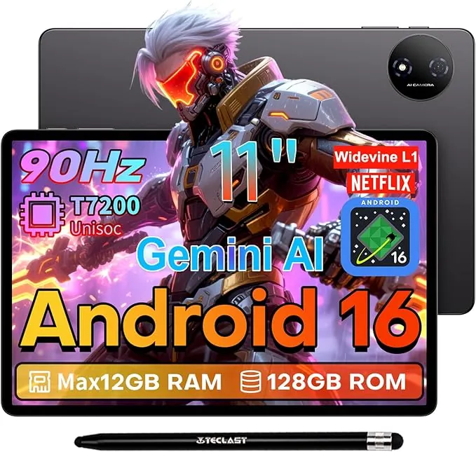 TECLAST P50T Tablet 11 Pulgadas Android 16 Tableta 90Hz, 2GHz Octa-Core CPU, Gemini AI, 12GB RAM+128GB ROM(TF 5TB), 7000mAh, 5G WiFi, Widevine L1, GPS, 13MP+5MP/3.5MM/BT5/OTG, Tablets con Lápiz, 2026