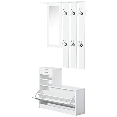 HOMCOM Recibidor de Entrada con Espejo Perchero y Zapatero Mueble de Recibidor de 2 Piezas con 6 Ganchos Estantes y Cajón Abatible para Pasillo Blanco