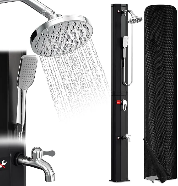 Ducha Solar para jardín, 60 L, Agua Caliente hasta 60 °C, sin conexión de alimentación, Ducha de Piscina, Camping con Ducha de pies y Cabezal de Ducha de Lluvia Giratorio, Incluye Material de