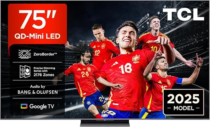 TCL 75C8K Televisor 75 Pulgadas QD-Mini LED 4K Smart TV, 4500 nits HDR Premium, 144Hz, ZeroBorder, Bang & Olufsen, Google TV, Dolby Vision IQ y Atmos, Panel WHVA, Game Master