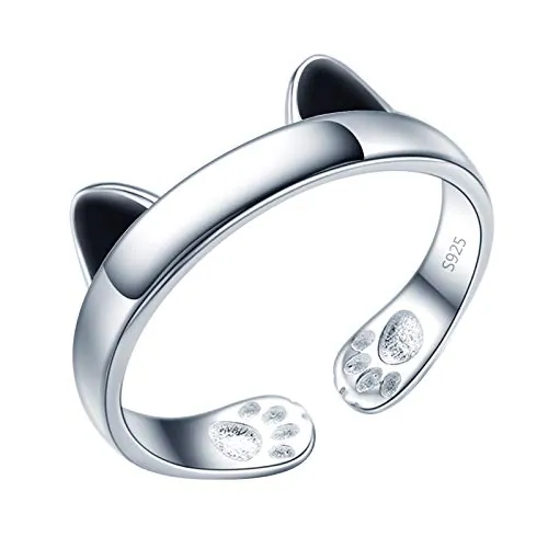 Yumilok Anillo de plata 925, anillo ajustable para mujer y niña, anillo de compromiso abierto, lindo anillo de gato, tamaño ajustable