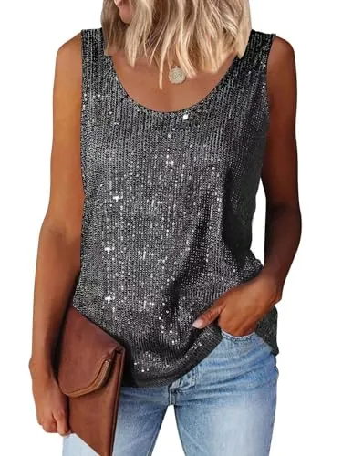 Suncife Camiseta sin Mangas con Lentejuelas para Mujer, Negro Plateado, M