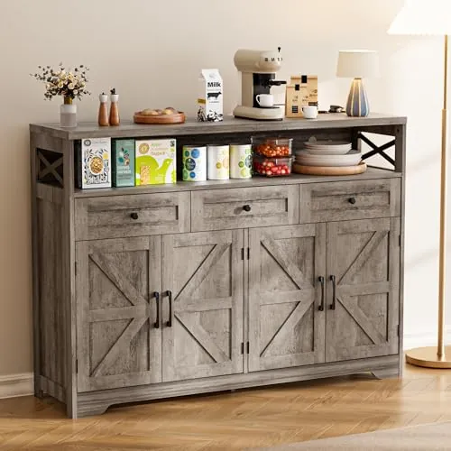 BonVache Aparador de Cocina 130x35x95 cm, 3 Cajones, 4 Puertas, Gris | Estantes regulables, Compartimento abierto, Gestión de cables, Diseño rústico, Cocina, comedor y salón