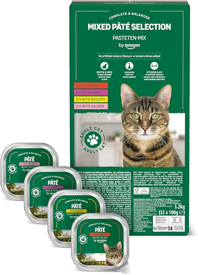 by Amazon Comida Húmeda para Gatos, Paté Mixto, 100g, Paquete de 32