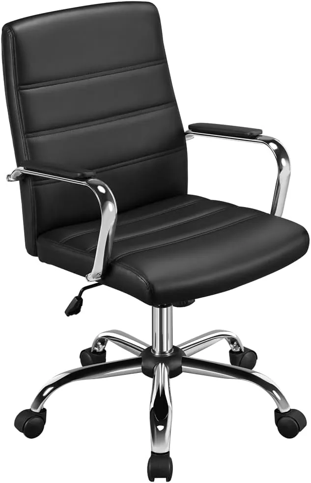 Yaheetech Silla Giratoria de Oficina Sillón de Trabajo con Respaldo Tapizado Asiento Sintético Altura Ajustable Negro