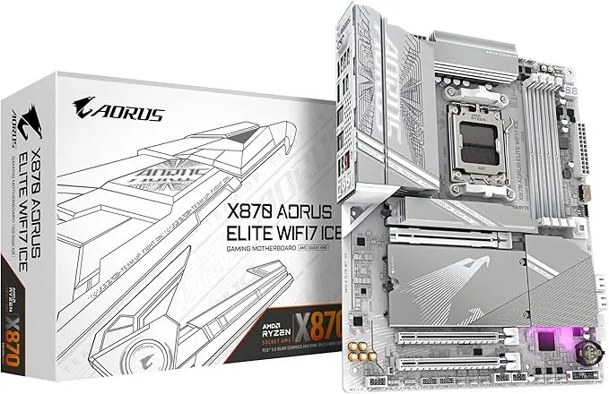 GIGABYTE Placa Base X870 AORUS Elite WIFI7 Ice - Compatible con CPUs AMD Ryzen 9000, VRM Digital de 16+2+2 Fases, hasta 8000MHz DDR5 (OC), 3xPCIe 5.0, Wi-Fi 7, LAN 2.5GbE, USB 4