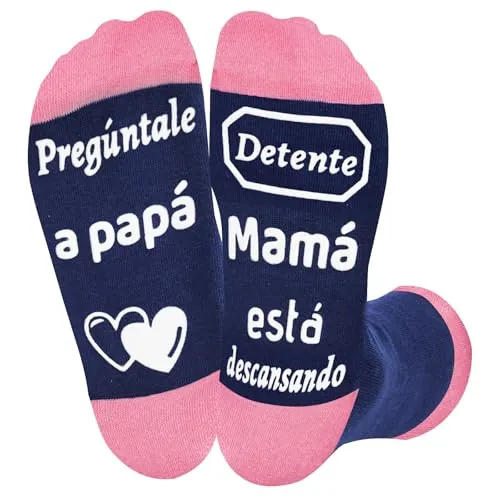 Leikedun Calcetines para Mujer Divertidos Pregúntale a papá Detente Mamá está descansando - Regalo Original para Madres, Día de la Madre, Cumpleaños, Navidad, Talla 36-40