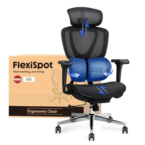 FLEXISPOT OC8 Silla Escritorio con Soporte Lumbar de Doble ala, Silla Ergonomica Escritorio con Reposacabezas 3D, Silla de Oficina Respaldo 3 Niveles y Asiento de Profundidad Ajustable, Negro