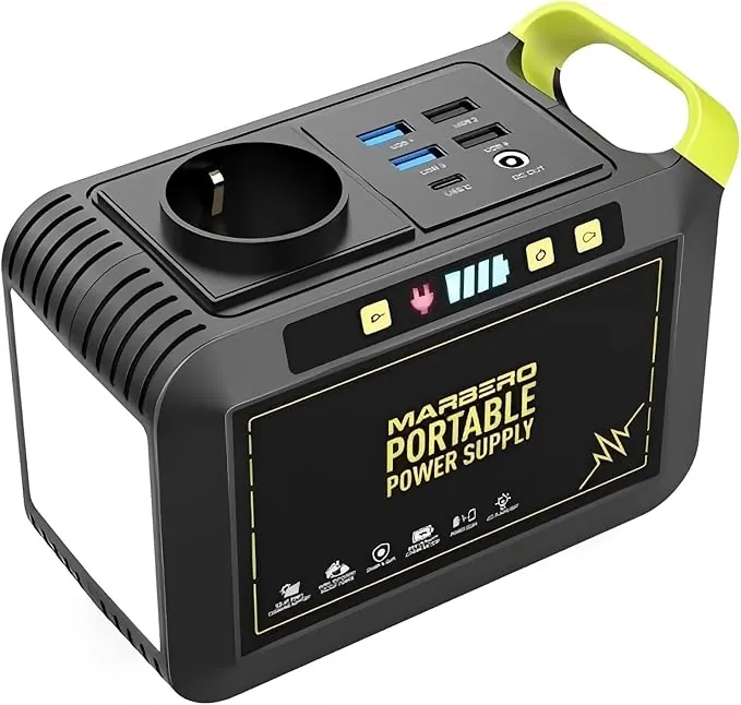 MARBERO Estación de energía portátil de 88 Wh, generador solar, batería con enchufe de 230 V CA, 120 W, almacenamiento de corriente móvil con linterna LED para camping, viajes, autocaravanas, hogar
