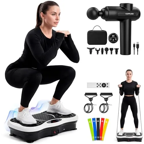 JUPPLIES Plataforma Vibratoria 200W - 5 Modos, 99 Velocidades, Bluetooth, Mando y 5 Bandas Elásticas - Plataforma Vibración Muscular para Adelgazar y Tonificar (Plataforma + Pistola Muscular)