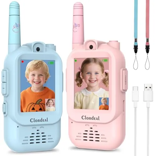 Clordeal Video Walkie Talkie Niños Largo Alcance Recargable, Juguetes Niño y Niña 3-12 Años, Pantalla LCD 2", Videollamada, 6 Efectos Voz, Cámara, 23 Emoticonos, Azul Rosa, Pack de 2