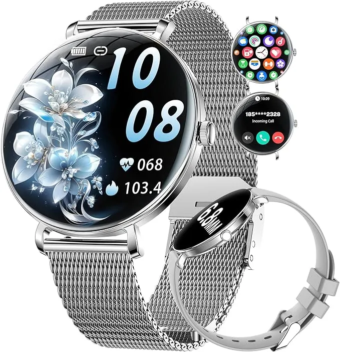 Reloj Inteligente Mujer, 1.43" AMOLED Smartwatch Ultra Delgado con Llamadas, 24/7 Pulsómetro SpO2, Monitor Sueño, IP68 Impermeable, 2 Correas, Pulsera Actividad 100+ Modos Deportivos para Android iOS