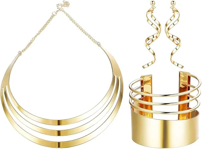 LOLIAS 3 Piezas Conjunto Collar Gargantilla Babero Dorado para Mujer Pulseras Brazalete Puño Ancho Pendientes Colgantes Declaración Banda Brazo Superior Brazalete Muñeca Joyería Festival